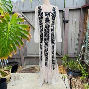 Black Embroidered off-White Tulle Maxi Dress Biya By Johnny Was NWT